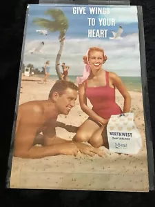 NORTHWEST ORIENT AIRLINES " GIVE WINGS TO YOUR HEART " MIAMI 1960 Travel poster  - Picture 1 of 9