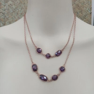 Rose Gold Necklace Plated Sterling Silver Purple CZC Layered Sparkly Elegant WOW - Image 1 of 4