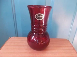Retro Anchor Hocking Royal Rubin Glas Vase mit Papieraufkleber - Bild 1 von 7