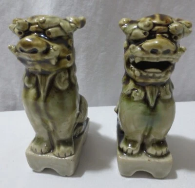 Vtg Pair Celadon Chinese Foo Dog Pottery Solid Clay 4 1/2" tall - Image 1 of 4