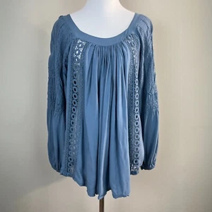 Tempo Paris Blouse Top Womens M Blue Crochet Lace Pleat Boho Peasant Lightweight - Picture 1 of 11