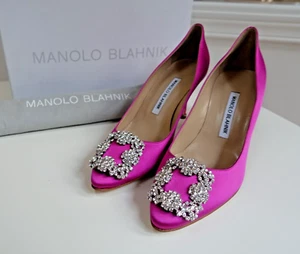 NUEVO EN CAJA $1195 Manolo Blahnik Hangisi 70 Hebilla de Cristal Satinado Rosa Púrpura Talla EU 38 - Imagen 1 de 16