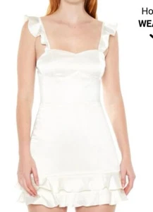 NWT FOREVER21 Ruffle Satin  lace-up mini dress ivory, Size L. - Picture 1 of 11
