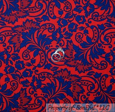 BonEful Fabric FQ Cotton Quilt Navy Blue Red Flower Damask Dot America Print USA - Image 1 of 4