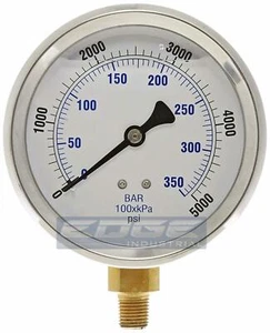 LIQUID FILLED PRESSURE GAUGE 0-5000 PSI, 4" FACE, 1/4" LOWER MOUNT - Picture 1 of 2