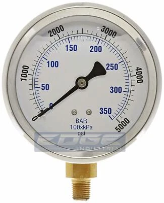 LIQUID FILLED PRESSURE GAUGE 0-5000 PSI, 4" FACE, 1/4" LOWER MOUNT - Image 1 of 2