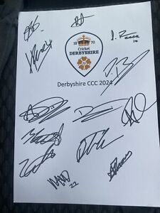 Derbyshire County Cricket Club 2024 Signed A4 Card Including Tickner Reece