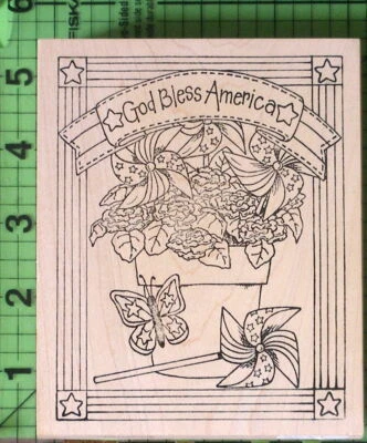 God Bless America Pot of Pinwheels rubber stamp by A Country Welcome Patriotic  - Image 1 of 3