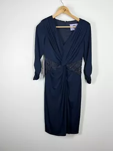 JS Collections Navy Twist Front Evening Cocktail Dress Size 2 Lace Beaded - Picture 1 of 6
