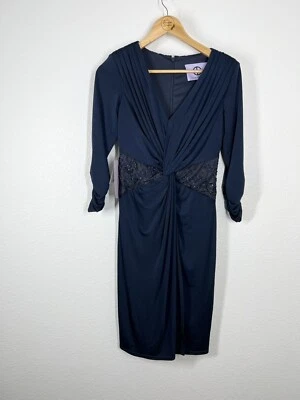 JS Collections Navy Twist Front Evening Cocktail Dress Size 2 Lace Beaded - Image 1 of 4