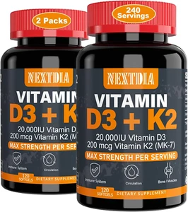 Vitamin D3 20,000 IU + K2(MK7) 200Mcg-Optimal Vitamin D3 & K2-Support Strong ... - Picture 1 of 1