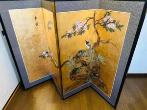 Pantalla Plegable Japonesa Byobu Dorado Sakura y Pájaros 6 Paneles Arte De Colección FS Japón - Imagen 1 de 9