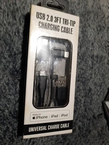 2 Universal USB Port Charging Cable 3 ft Tri-Tip iPhone iPad iPod USB-C Micro - Picture 1 of 2