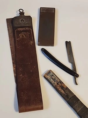 Antique Lot of Shaving Barber Razor Strap Straight Razor And Hone - Image 1 of 4