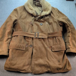 VTG 1940s Barnstormer Shawl Sherpa Canvas Belt Jacket WWII Military Distressed - Picture 1 of 23