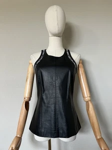 HELMUT LANG Black Lambskin Leather Snakeskin Trim Sleeveless Crew Neck Top Sz S - Picture 1 of 16