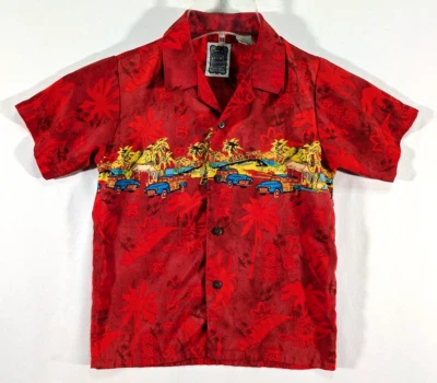 Camisa Hawaiana Ocean Current Vintage Juvenil Mediana Abotonada Roja Surf Woody Cars Foto 1 de 4