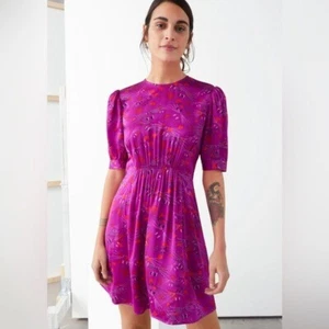 & Other Stories Purple Satin Heart Whisker Print Dress Puff Sleeve Womens 2 New - Picture 1 of 8