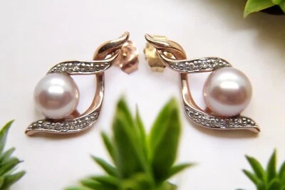 Rose Gold .75in Long 10k Diamond  and Pearl Earrings  SALE-SAVE 700  R1310 - Image 1 of 4