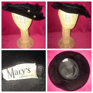 Selten! VINTAGE DAMENHUT *MACY'S KANSAS CITY MO* SCHWARZ SAMTFEDER§ & Juwel§ - Bild 1 von 12