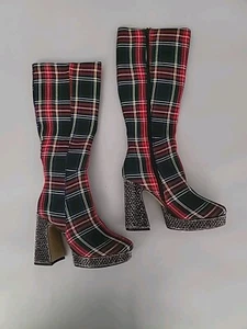 Betsey Johnson Valeria Rhinestone Plaid Knee High Boots 7.5 M - Picture 1 of 13