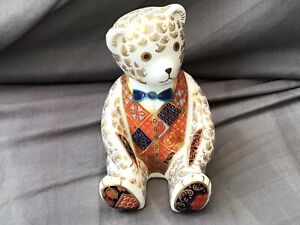 ROYAL CROWN DERBY PAPERWEIGHT (TEDDY BEAR) BLUE BOW TIE SILVER STOPPER NO RESERV