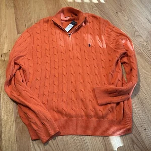 POLO RALPH LAUREN 2XL Sweater Mens Orange Blue Pony 1/4 zip Fisherman Cable Knit - Picture 1 of 8