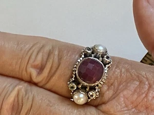 SI India 925 Sterling Silver Faceted Ruby, Pearl & CZ Dot Design Ring - Size 10 - Picture 1 of 15