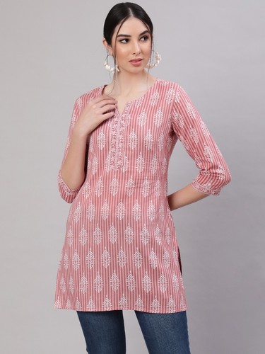 OFF WHITE Abito donna indiano rosa e bianco sporco cotone stampa floreale top tunica Kurta Kurti