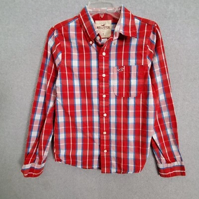 Camisa Hollister Botones Pequeña Roja Logo Bolsillos a Cuadros Manga Larga Cuello Foto 1 de 4
