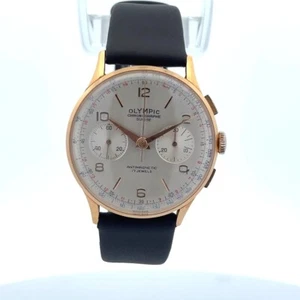 Cronografo Olimpico Oro Giallo 18K Quadrante Argento Cinturino Pelle Marrone - Foto 1 di 5