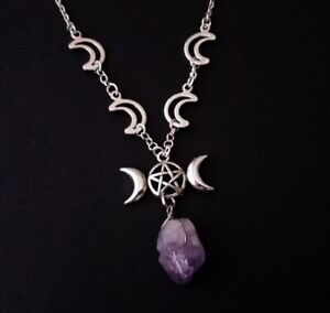 Triple Moon with Amethyest Natural Stone Necklace,Triple Moon,Goddess Necklace