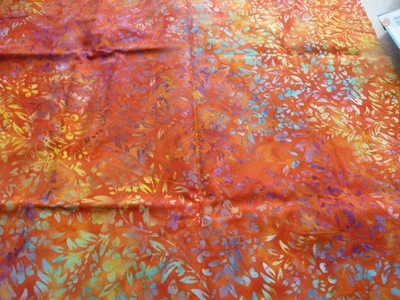 Hand Dyed Batik Cotton Fabric 44” X 1 yd 8" Colorful orange floral butterflies + - Image 1 of 2