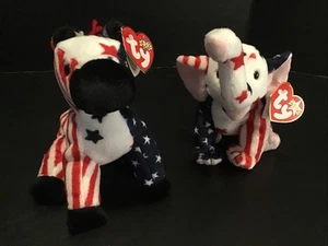 PATRIOTIC Beanie Babies 2000 LEFTY & RIGHTY DONKEY & ELEPHANT Mint! - Picture 1 of 6