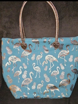 Bolso de Mano Raro Maldivas N'Gil Grande Verde Azulado y Dorado Flamenco Nuevo sin Etiquetas Foto 1 de 4