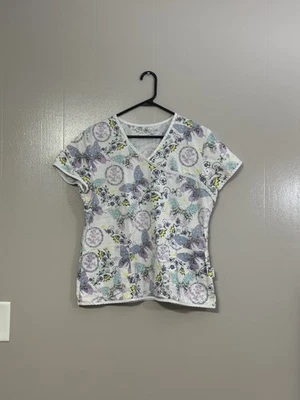 Peaches Scrub Womens V Neck Short Sleeve Floral Top Purple Size L  FLAW    C87 - Image 1 of 4