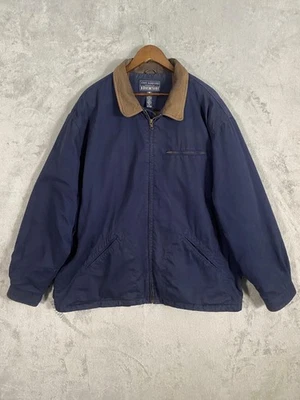 John Ashford Chore Jacket Mens XXL Navy Canvas Flannel Lined Leather Trim Work - Image 1 of 4