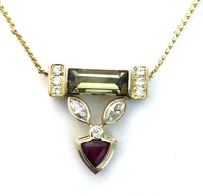 Unoaerre Italy 1.31ct Tourmaline Ruby Diamond 18k Yellow Gold Necklace Pendant - Image 1 of 4