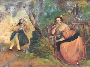 PEINTURE A L'HUILE SUR PLAQUE DE METAL : SCENE ROMANTIQUE COUPLE ET FEMME XIXE - Foto 1 di 5