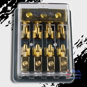 MAXI FUSIBLE DORADO BLOQUE DISTRIBUCIÓN TRES 2/4 GA EN CUATRO CALIBRE 8 SALIDA 12V MARINA EE. UU. - Imagen 1 de 2