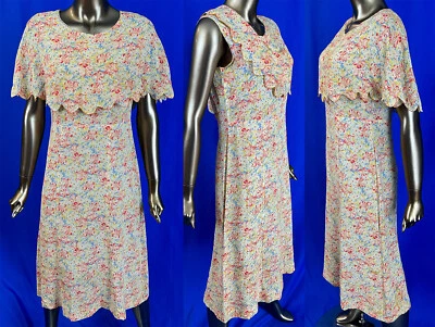 Vestido de Colección Años 30 Seda Crepé Rosa Flor de Cerezo Estampado Pixelado Cuello Capa Foto 1 de 2