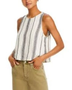 NWT C&C California Striped Linen Tank Top Button Back M Cream Black Stripe Money - Picture 1 of 7