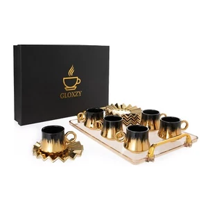 GLOXZY Premium Ceramic Coffee Cup Set of 6 with Saucers and Tray (3.5oz/100ml) - Picture 1 of 6