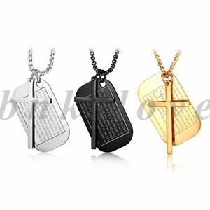 Men's English Bible Verse Cross Dog Tag Pendant Necklace Stainless Steel Chain - Picture 1 of 25