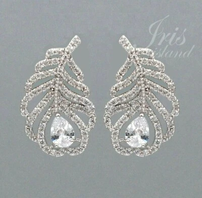 White Gold Plated Cubic Zirconia CZ Feather Wedding Drop Dangle Stud Earrings 42 - Image 1 of 4