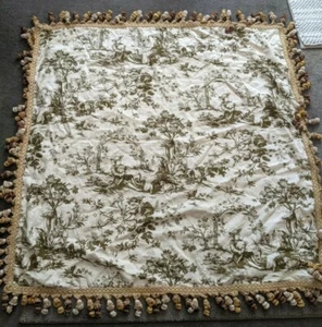  Toile Pastoral French Country Green/Cream Fabric Lined W/Tassels 49"x49" - Picture 1 of 7