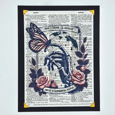 Impresión artística de página de diccionario del mundo maravilloso 8,5x11 esqueleto mariposa rosa decoración Foto 1 de 4