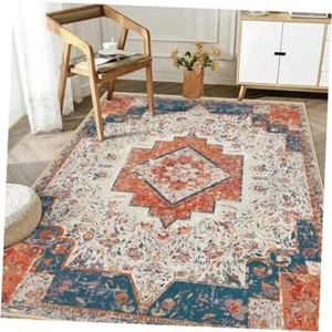 Machine Washable Rug 4'x6' Vintage Distressed Boho Area Rugs 4' X 6' Blueorange - Picture 1 of 7
