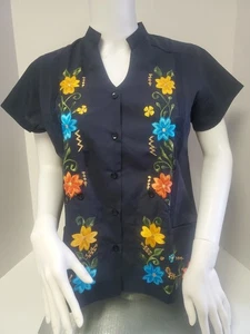 Womens Mexican Guayabera FLORAL Blue Shirt Sz XSmall Button down Front Pocket - Picture 1 of 13