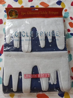Vintage 90s Glittered Icicle Felt Fringe Decor 2 X 8ft White Fabric Christmas  - Image 1 of 4